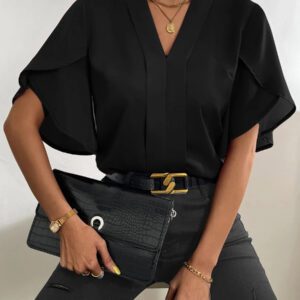 SHEIN Clasi Blouse Unicolore Manches Tulipe Col En V