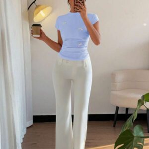Islaluna Chemisier à manches courtes plissé français polyvalent et à la mode