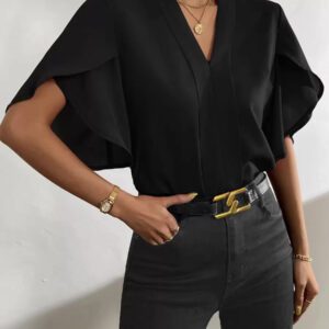 SHEIN Clasi Blouse Unicolore Manches Tulipe Col En V