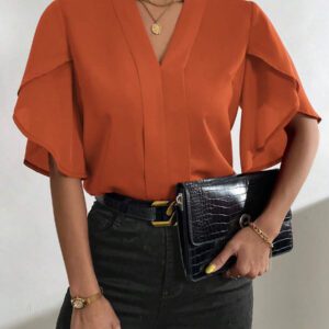 SHEIN Clasi Blouse Unicolore Manches Tulipe Col En V