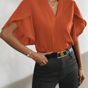 SHEIN Clasi Blouse Unicolore Manches Tulipe Col En V