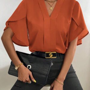 SHEIN Clasi Blouse Unicolore Manches Tulipe Col En V