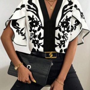 SHEIN Clasi Blouse Unicolore Manches Tulipe Col En V