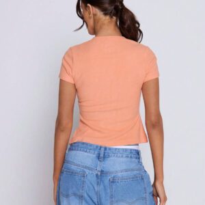 MUSERA T-shirt à manches courtes à col ras-du-cou côtelé avec boutons, printemps été, mignon, quotidien, aéroport, vacances, rentrée scolaire, automne hiver