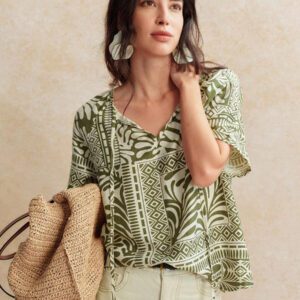 Écloséra Chemise à nouer en mélange de viscose et lin avec imprimé tropical rétro français pour femmes