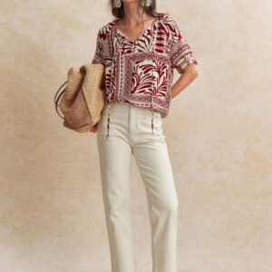 Écloséra Chemise à nouer en mélange de viscose et lin avec imprimé tropical rétro français pour femmes