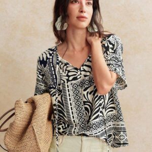 Écloséra Chemise à nouer en mélange de viscose et lin avec imprimé tropical rétro français pour femmes