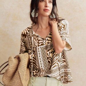 Écloséra Chemise à nouer en mélange de viscose et lin avec imprimé tropical rétro français pour femmes