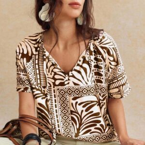 Écloséra Chemise à nouer en mélange de viscose et lin avec imprimé tropical rétro français pour femmes