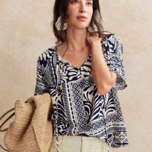 Écloséra Chemise à nouer en mélange de viscose et lin avec imprimé tropical rétro français pour femmes