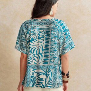 Écloséra Chemise à nouer en mélange de viscose et lin avec imprimé tropical rétro français pour femmes