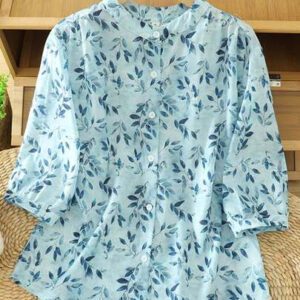 Blouse ample décontractée d'été pour femmes, col montant, motif floral bleu