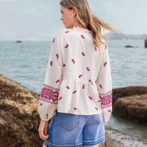 Lumivelle Chemise à manches longues imprimée avec encolure en V pour femmes, imprimé floral positionné