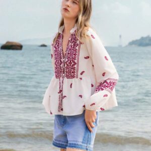 Lumivelle Chemise à manches longues imprimée avec encolure en V pour femmes, imprimé floral positionné