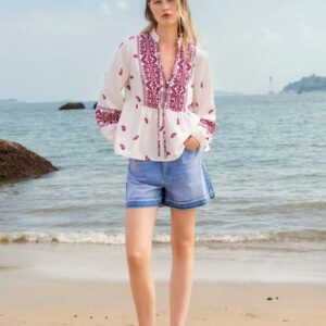 Lumivelle Chemise à manches longues imprimée avec encolure en V pour femmes, imprimé floral positionné