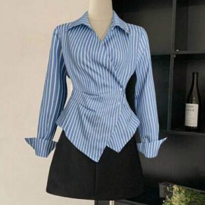 Franclia Blouse à manches longues asymétrique affinante à la taille avec rayures pour femmes