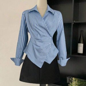 Franclia Blouse à manches longues asymétrique affinante à la taille avec rayures pour femmes
