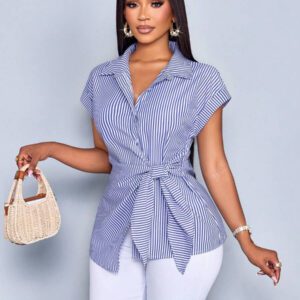 SOLERSUN Chemise femme à boutons avec imprimé à rayures, blouse avec détail de nœud avant élégante et casual avec imprimé à rayures