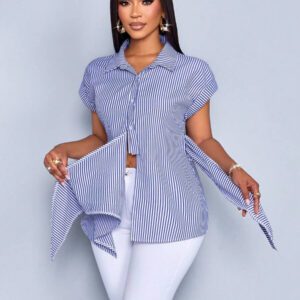 SOLERSUN Chemise femme à boutons avec imprimé à rayures, blouse avec détail de nœud avant élégante et casual avec imprimé à rayures