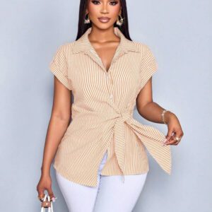 SOLERSUN Chemise femme à boutons avec imprimé à rayures, blouse avec détail de nœud avant élégante et casual avec imprimé à rayures