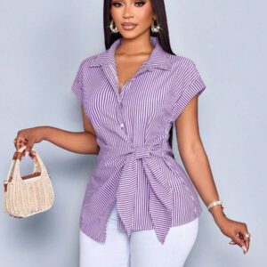 SOLERSUN Chemise femme à boutons avec imprimé à rayures, blouse avec détail de nœud avant élégante et casual avec imprimé à rayures