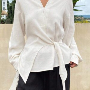 DAZY Chemisier vintage décontracté à manches longues, col oblique et cravate, couleur unie, coupe ajustée pour femmes, automne