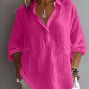 Chemise femme couleur unie, manches longues type évêque, col chemise, tops réguliers à usage quotidien avec patchwork et boutons