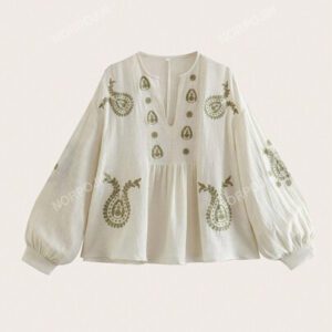 Blouse à manches lanternes et volant avec broderie florale, hauts à manches longues