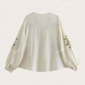 Blouse à manches lanternes et volant avec broderie florale, hauts à manches longues