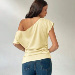 Aloruh Chemisier ajusté à col plissé asymétrique de couleur unie pour femme, style décontracté pour l'été