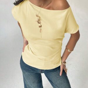 Aloruh Chemisier ajusté à col plissé asymétrique de couleur unie pour femme, style décontracté pour l'été