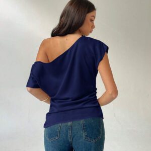 Aloruh Chemisier ajusté à col plissé asymétrique de couleur unie pour femme, style décontracté pour l'été