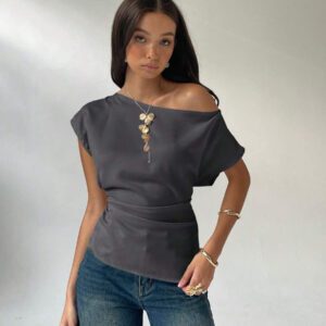 Aloruh Chemisier ajusté à col plissé asymétrique de couleur unie pour femme, style décontracté pour l'été