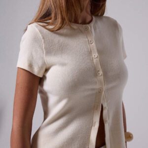 MUSERA T-shirt à manches courtes à col ras-du-cou côtelé avec boutons, printemps été, mignon, quotidien, aéroport, vacances, rentrée scolaire, automne hiver