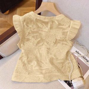 SHEIN Frenchy Blouse de mode à col rond, monoboutonnée, à manches raglan, jacquard, pour l'été