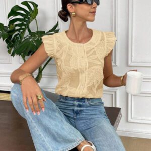 SHEIN Frenchy Blouse de mode à col rond, monoboutonnée, à manches raglan, jacquard, pour l'été
