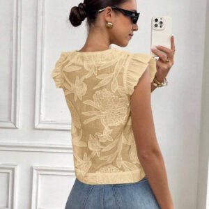 SHEIN Frenchy Blouse de mode à col rond, monoboutonnée, à manches raglan, jacquard, pour l'été