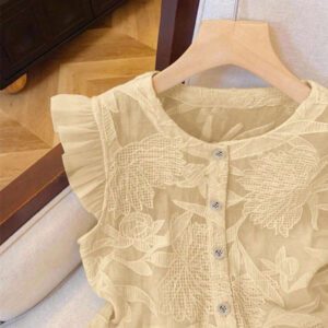 SHEIN Frenchy Blouse de mode à col rond, monoboutonnée, à manches raglan, jacquard, pour l'été