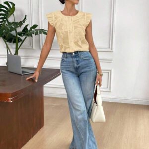 SHEIN Frenchy Blouse de mode à col rond, monoboutonnée, à manches raglan, jacquard, pour l'été