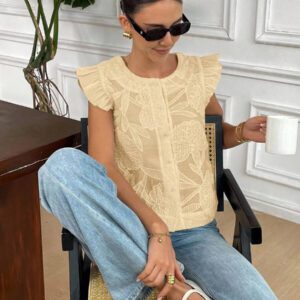SHEIN Frenchy Blouse de mode à col rond, monoboutonnée, à manches raglan, jacquard, pour l'été