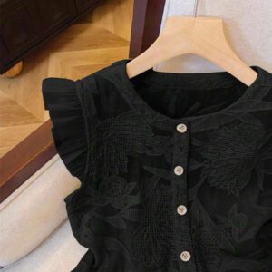 SHEIN Frenchy Blouse de mode à col rond, monoboutonnée, à manches raglan, jacquard, pour l'été