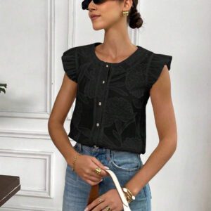 SHEIN Frenchy Blouse de mode à col rond, monoboutonnée, à manches raglan, jacquard, pour l'été