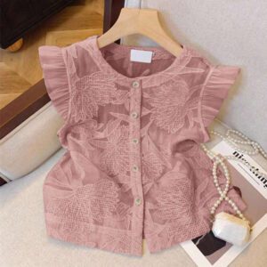 SHEIN Frenchy Blouse de mode à col rond, monoboutonnée, à manches raglan, jacquard, pour l'été
