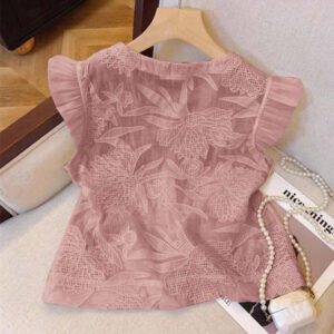SHEIN Frenchy Blouse de mode à col rond, monoboutonnée, à manches raglan, jacquard, pour l'été