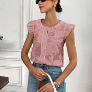 SHEIN Frenchy Blouse de mode à col rond, monoboutonnée, à manches raglan, jacquard, pour l'été