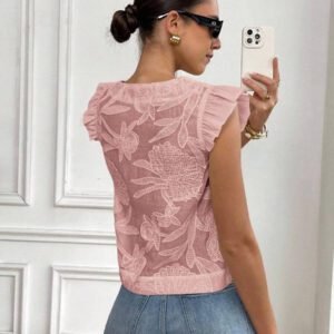 SHEIN Frenchy Blouse de mode à col rond, monoboutonnée, à manches raglan, jacquard, pour l'été