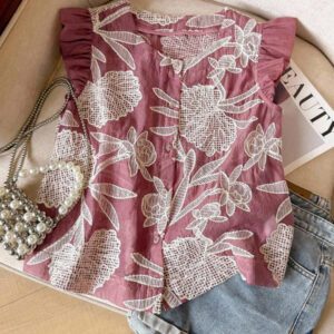 SHEIN Frenchy Blouse de mode à col rond, monoboutonnée, à manches raglan, jacquard, pour l'été