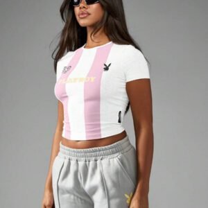 Missguided x Playboy T-shirt court de sport inspiré de l'athlétisme, avec numéro de vareuse et design rayé, top d'été ajusté, streetwear Y2K
