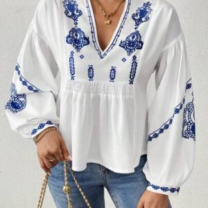 SHEIN LUNE Chemise à manches longues boutonné avec Top peplum à imprimé graphique plissé pour femmes