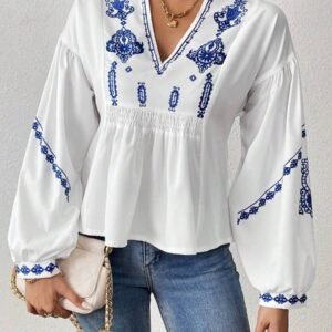 SHEIN LUNE Chemise à manches longues boutonné avec Top peplum à imprimé graphique plissé pour femmes